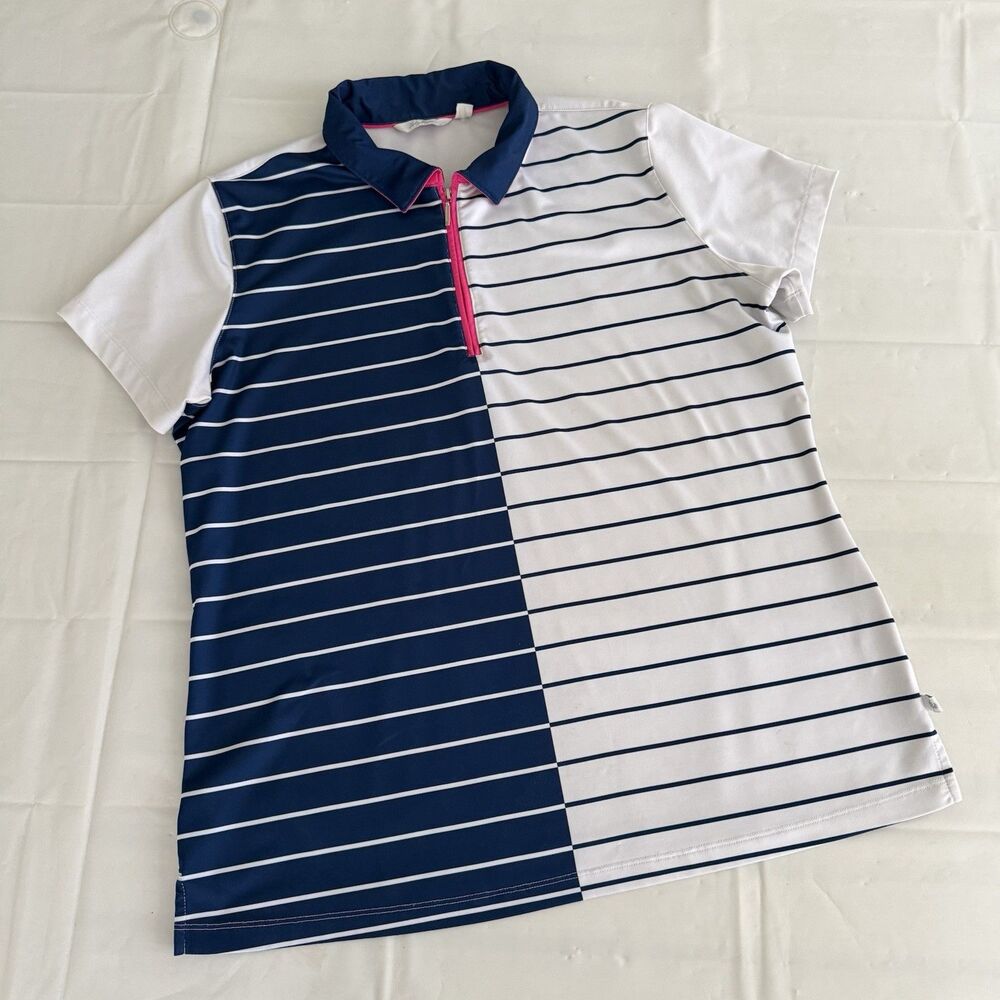 Lady Hagen Womens L Hot Pink Blue Stripe Golf Pickleball Polo 1/4 zip Stretch